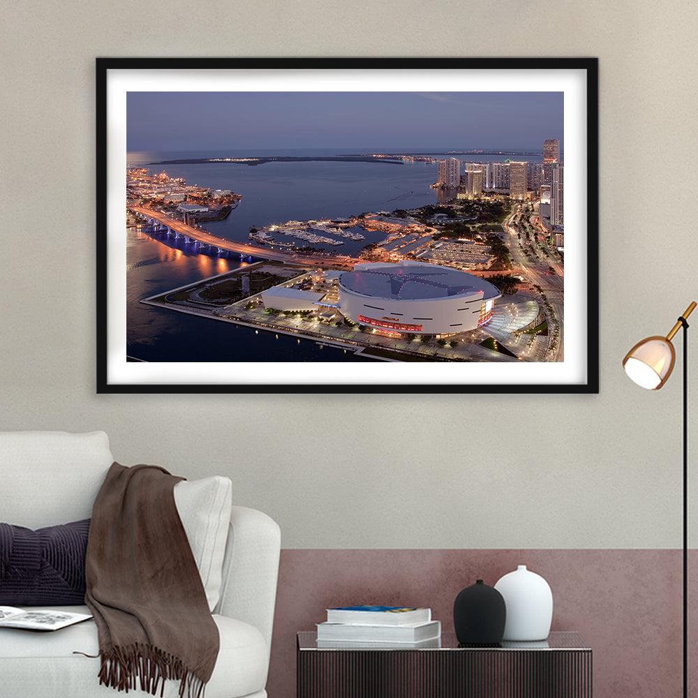 American Airlines Arena Night, Stadium Canvas, Sport Art, Gift for him, White Border Framed Art Print Wall Decor