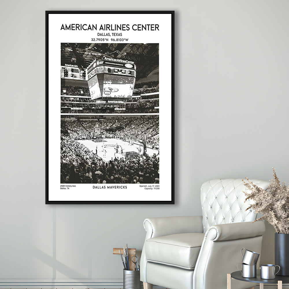 American Airlines Center Stadium Black And White, Basketball Stadium Wall Art, Framed Canvas Prints Wall Art