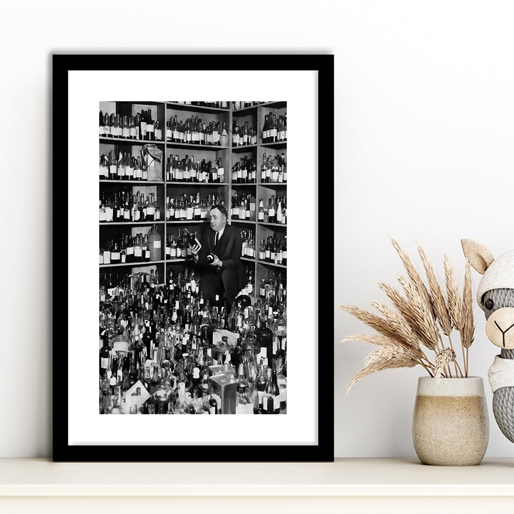 American Alcohol Prohibition Print, 1920s, Black and White, Cocktail Art, Framed Art Print White Border Wall Decor