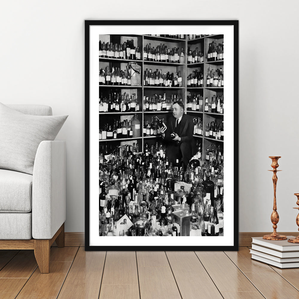 American Alcohol Prohibition Print, 1920s, Black and White, Cocktail Art, Framed Art Print White Border Wall Decor