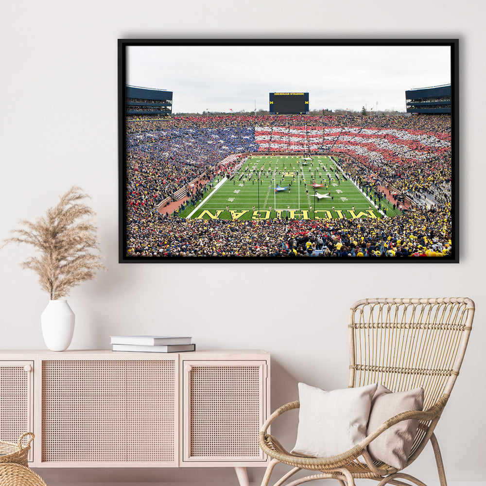 American Flag in Michigan Stadium, Stadium Canvas, Sport Art, Framed Canvas Print Wall Art, Floating Frame