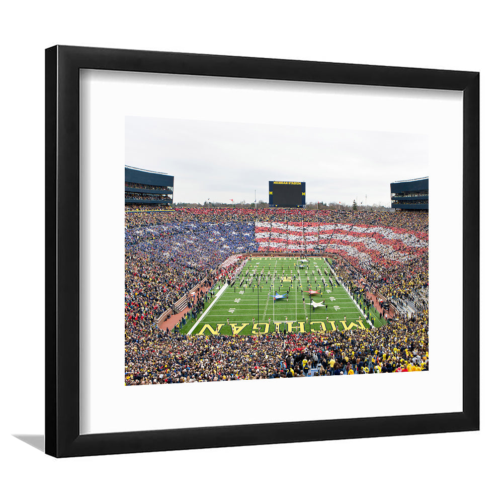 American Flag in Michigan Stadium, Stadium Canvas, Sport Art, Gift for him, White Border Framed Art Print Wall Decor
