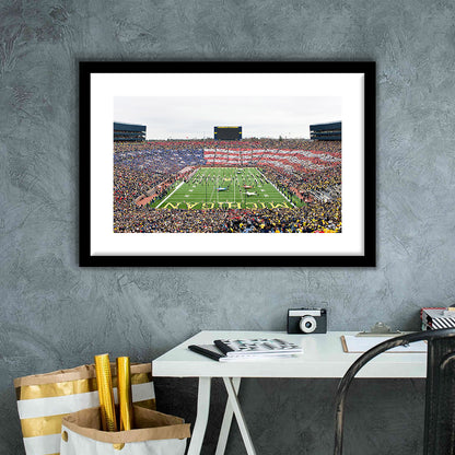 American Flag in Michigan Stadium, Stadium Canvas, Sport Art, Gift for him, White Border Framed Art Print Wall Decor