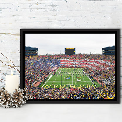 American Flag in Michigan Stadium, Stadium Canvas, Sport Art, Framed Canvas Print Wall Art, Floating Frame
