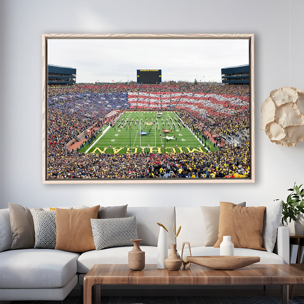 American Flag in Michigan Stadium, Stadium Canvas, Sport Art, Framed Canvas Print Wall Art, Floating Frame