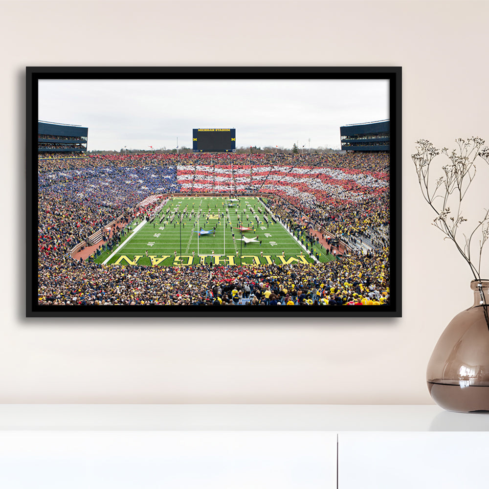 American Flag in Michigan Stadium, Stadium Canvas, Sport Art, Framed Canvas Print Wall Art, Floating Frame
