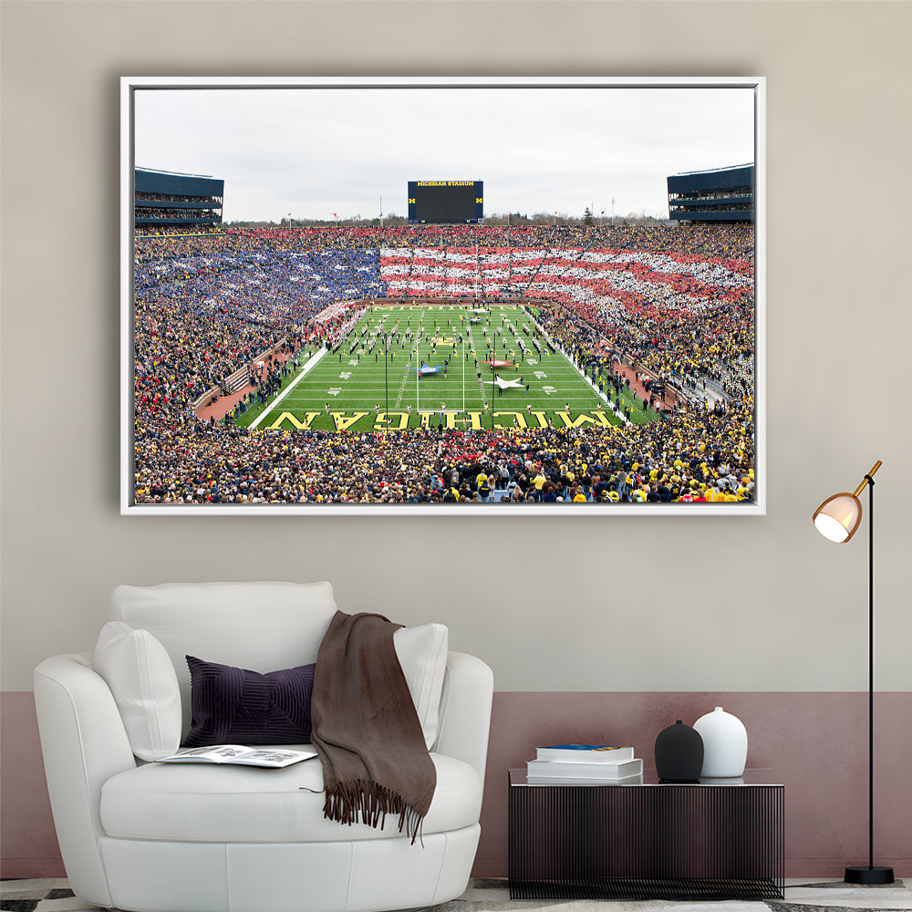 American Flag in Michigan Stadium, Stadium Canvas, Sport Art, Framed Canvas Print Wall Art, Floating Frame
