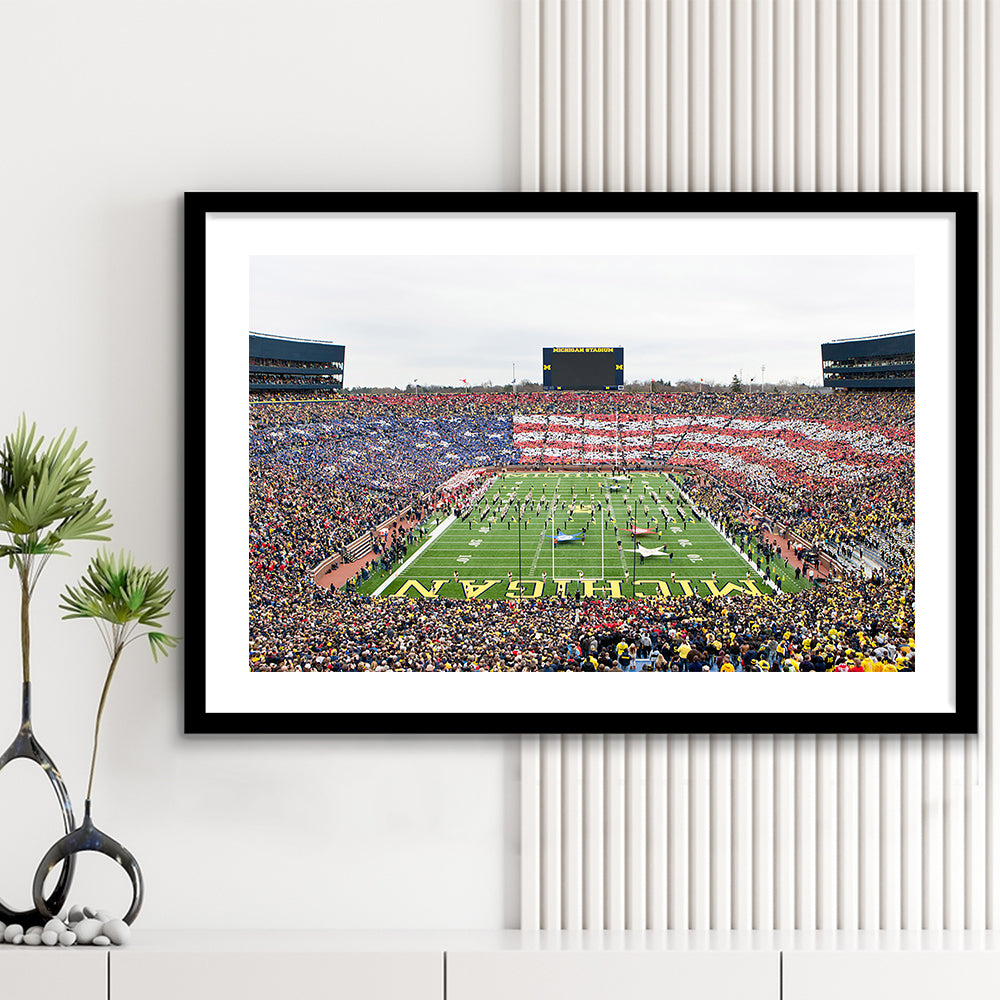 American Flag in Michigan Stadium, Stadium Canvas, Sport Art, Gift for him, White Border Framed Art Print Wall Decor
