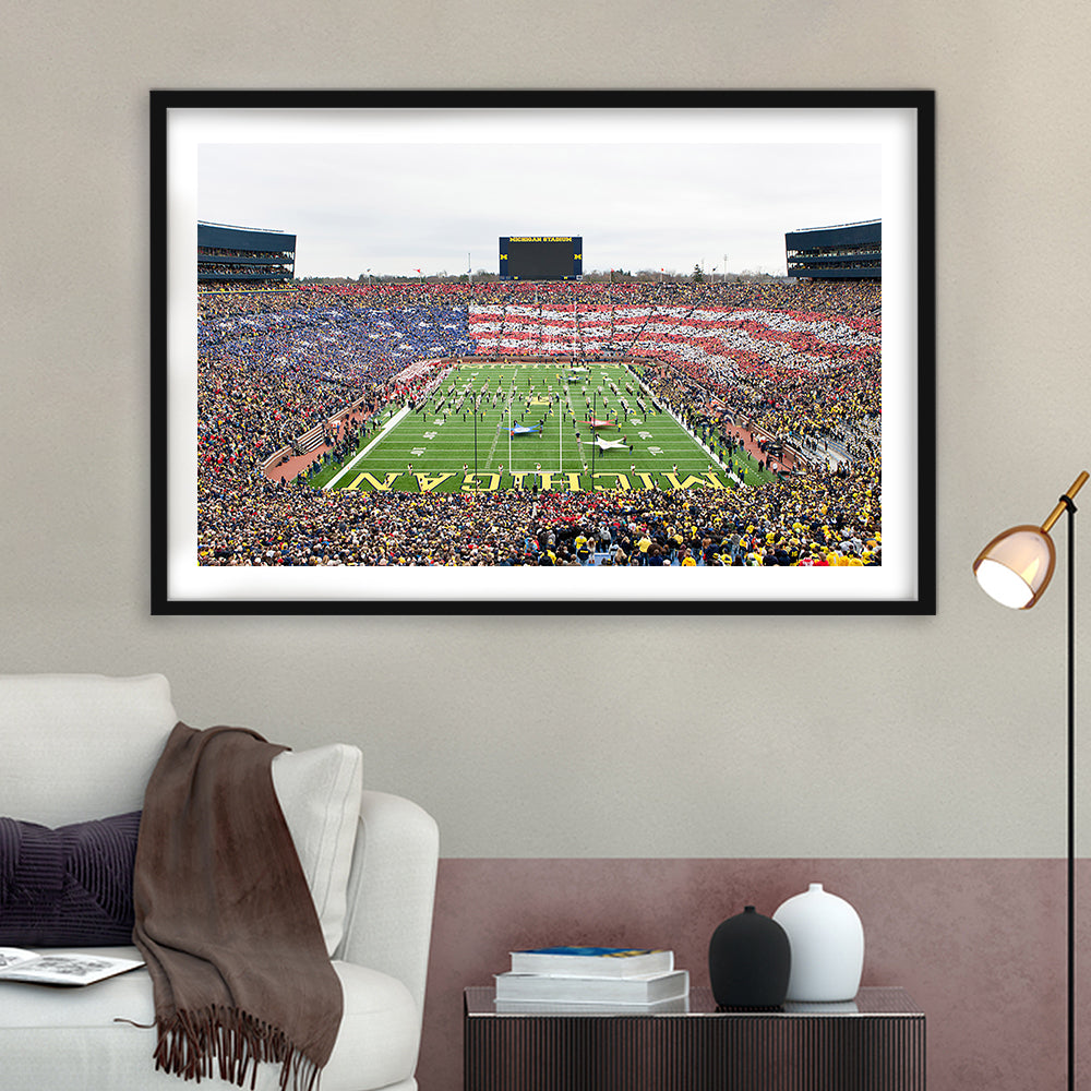 American Flag in Michigan Stadium, Stadium Canvas, Sport Art, Gift for him, White Border Framed Art Print Wall Decor