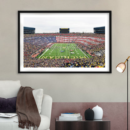American Flag in Michigan Stadium, Stadium Canvas, Sport Art, Gift for him, White Border Framed Art Print Wall Decor