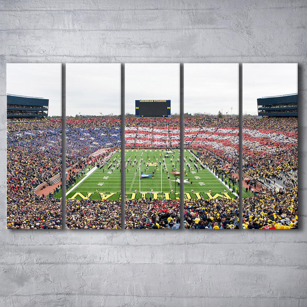 American Flag in Michigan Stadium, Stadium Canvas, Sport Art, 5 Panel B, Extra Large Canvas, Canvas Print Wall Art