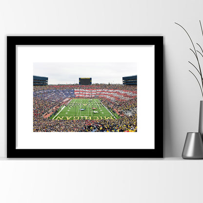 American Flag in Michigan Stadium, Stadium Canvas, Sport Art, Gift for him, White Border Framed Art Print Wall Decor