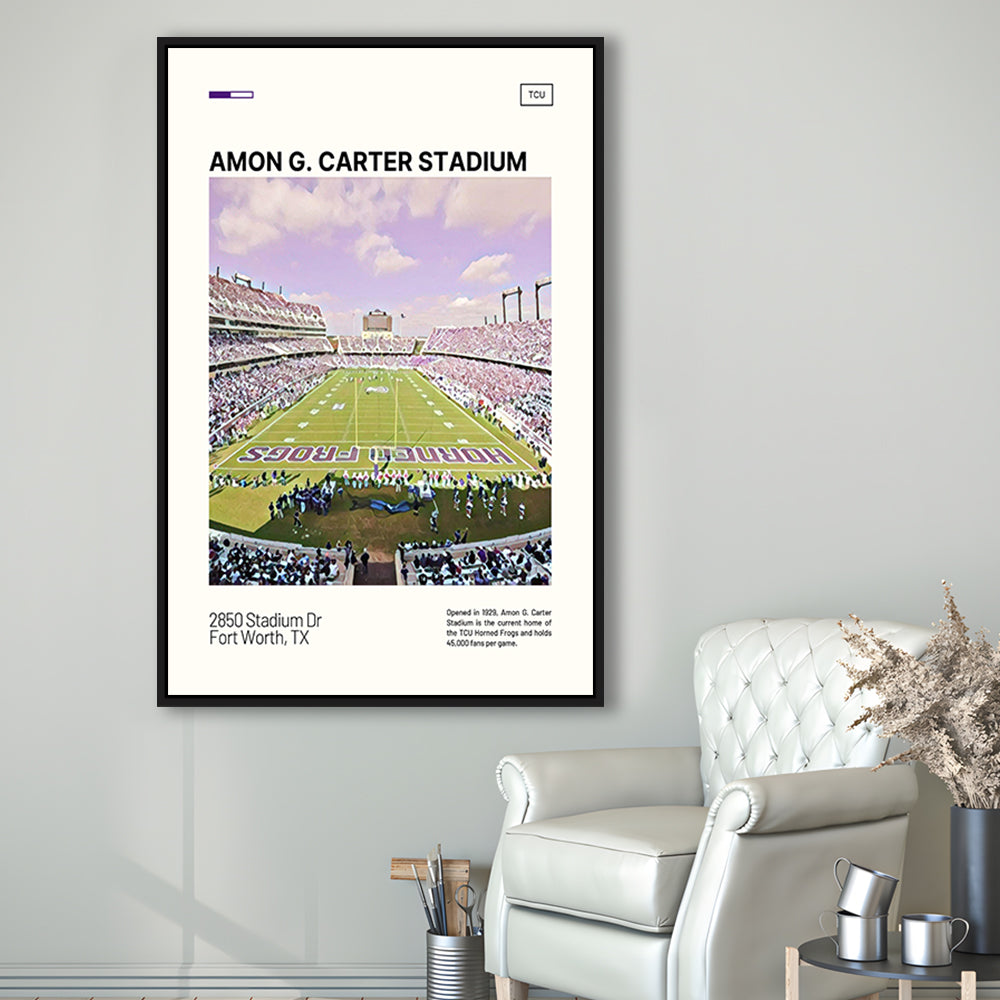 Amon G. Carter Stadium Print, TCU Horned Frogs Stadium Canvas Art, Man Cave Gift, Floating Framed Canvas Print Wall Art