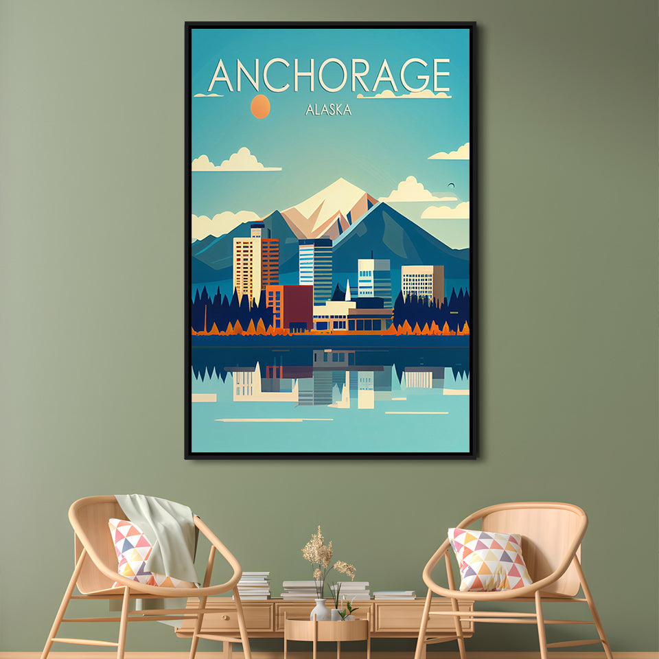 Anchorage Alaska Retro Art Print, Anchorage City Wall Art, Floating Framed Canvas Print, Framed Picture, Painting Canvas