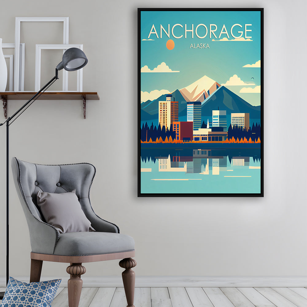 Anchorage Alaska Retro Art Print, Anchorage City Wall Art, Floating Framed Canvas Print, Framed Picture, Painting Canvas