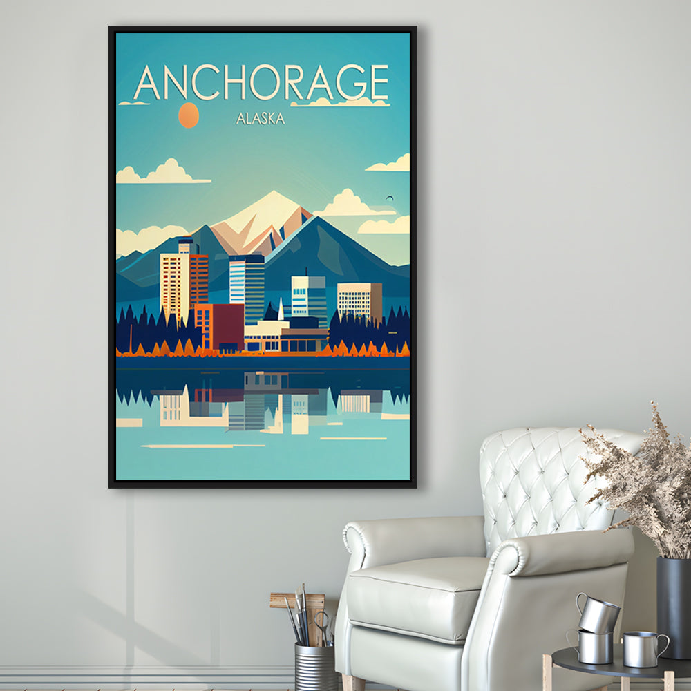 Anchorage Alaska Retro Art Print, Anchorage City Wall Art, Floating Framed Canvas Print, Framed Picture, Painting Canvas