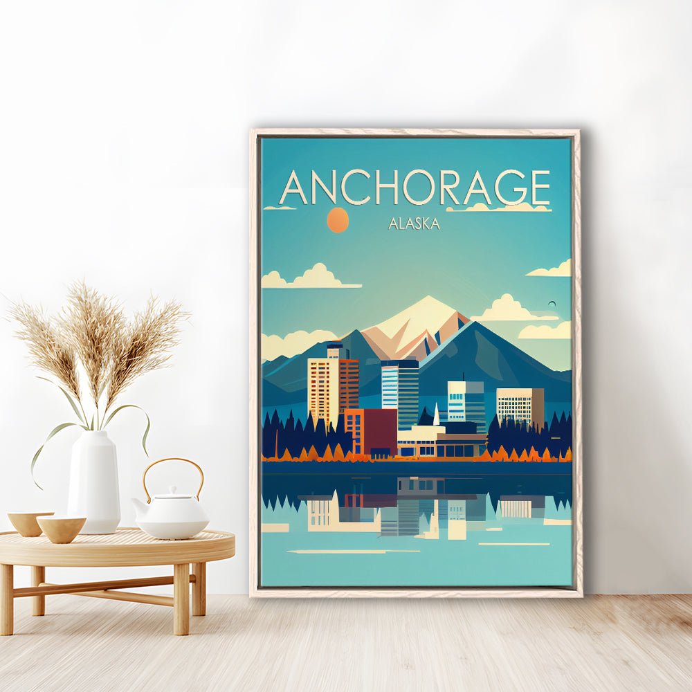 Anchorage Alaska Retro Art Print, Anchorage City Wall Art, Floating Framed Canvas Print, Framed Picture, Painting Canvas