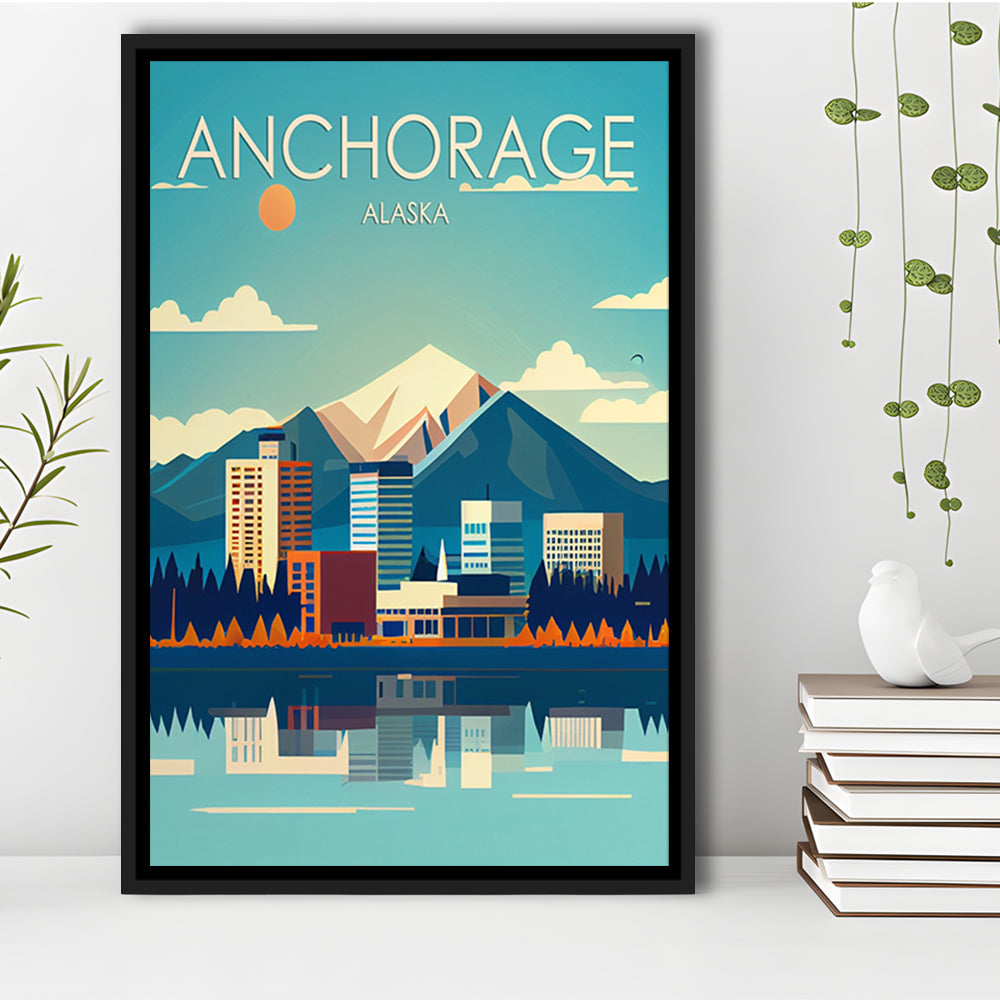 Anchorage Alaska Retro Art Print, Anchorage City Wall Art, Floating Framed Canvas Print, Framed Picture, Painting Canvas