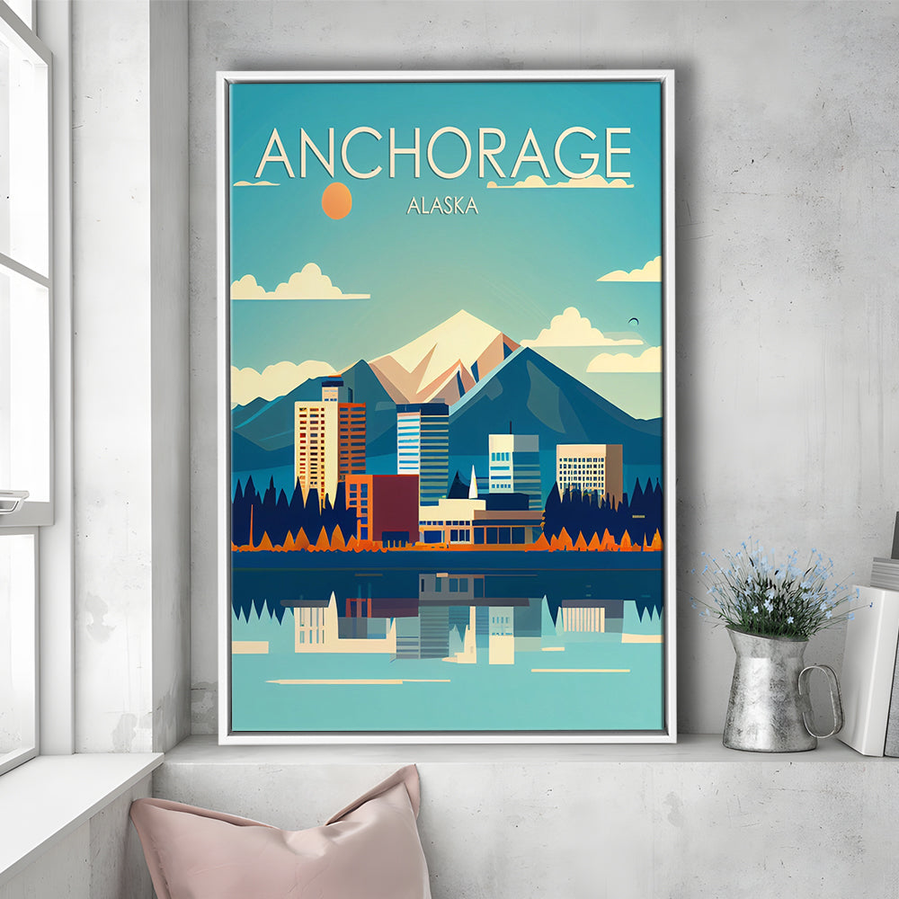 Anchorage Alaska Retro Art Print, Anchorage City Wall Art, Floating Framed Canvas Print, Framed Picture, Painting Canvas