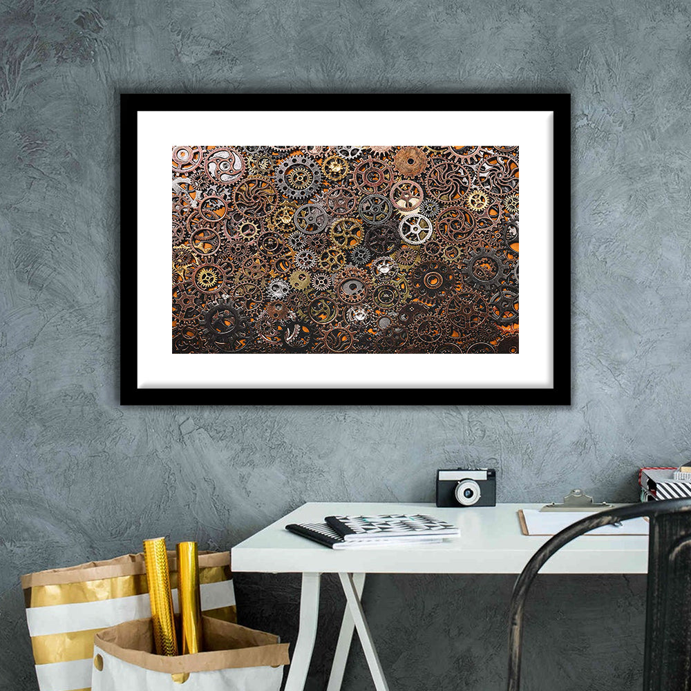 Ancient Mechanics Wall Art Set,Abstract Gears Framed Art Prints, Framed Art Print White Border