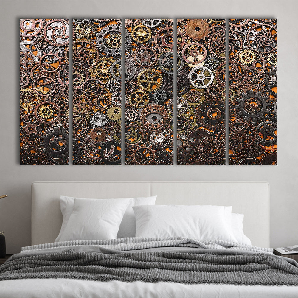 Ancient Mechanics Wall Art Set,Abstract Gears Canvas Prints, 5 Piece B Extra Large Cavas Print Wall Art Decor