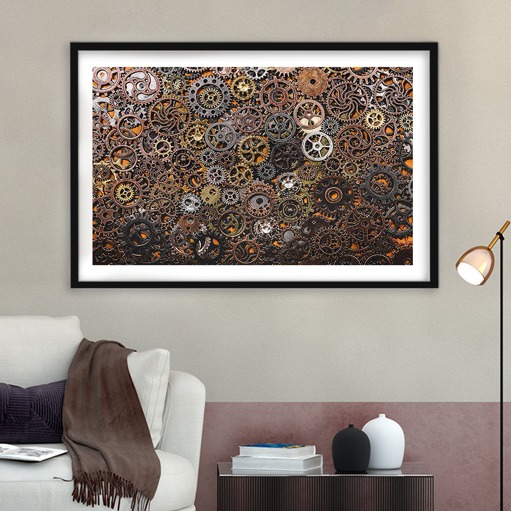 Ancient Mechanics Wall Art Set,Abstract Gears Framed Art Prints, Framed Art Print White Border