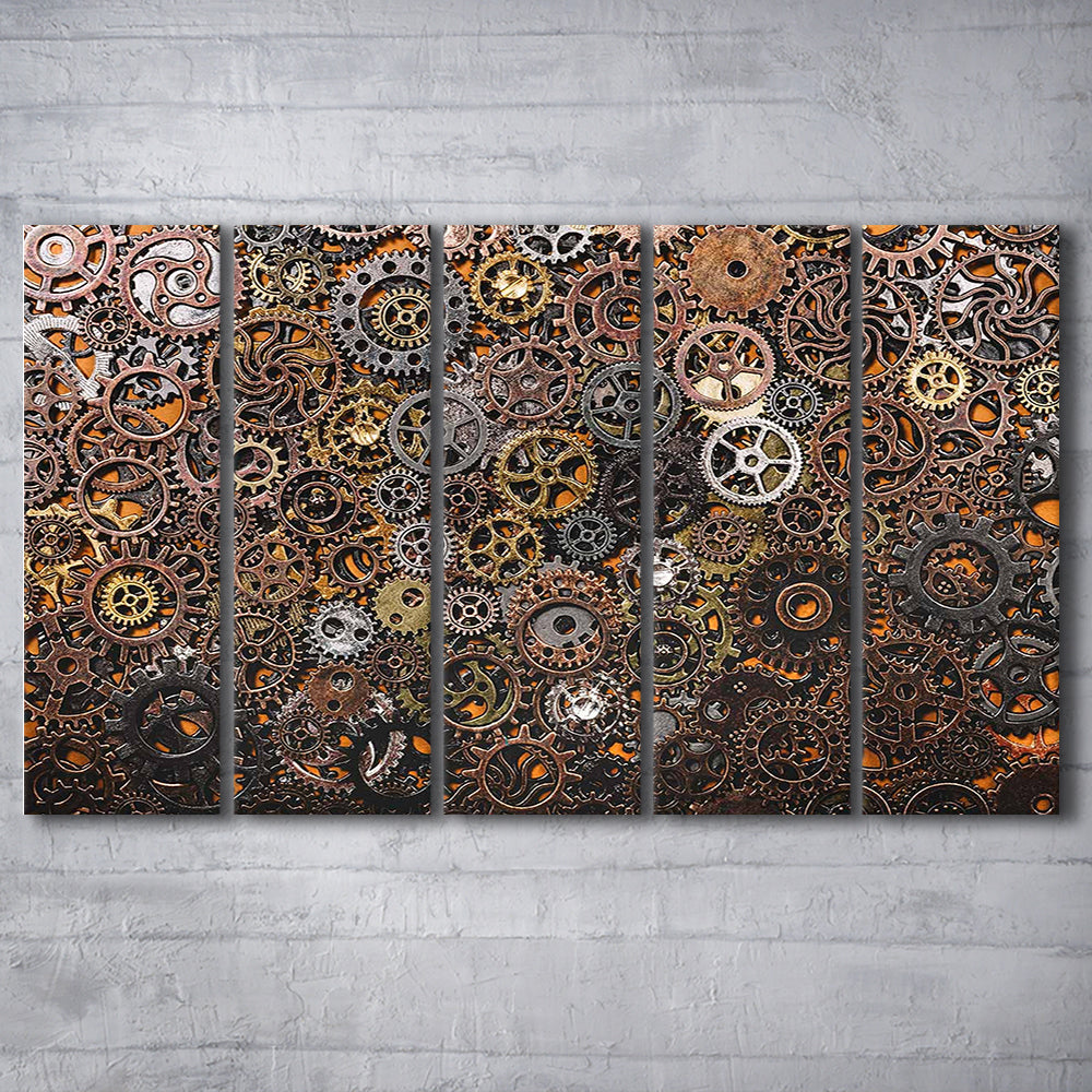 Ancient Mechanics Wall Art Set,Abstract Gears Canvas Prints, 5 Piece B Extra Large Cavas Print Wall Art Decor