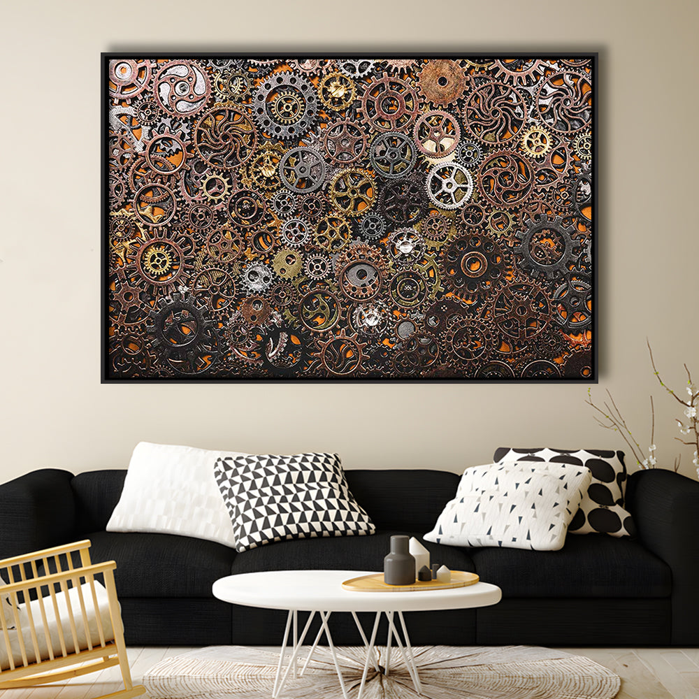 Ancient Mechanics Wall Art Set,Abstract Gears Framed Canvas Prints, Framed Cavas Print, Floating Frame