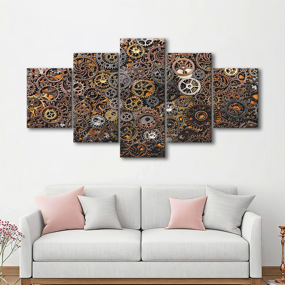 Ancient Mechanics Wall Art Set,Abstract Gears Framed Canvas Prints, 5 Piece Large Cavas Print Wall Art