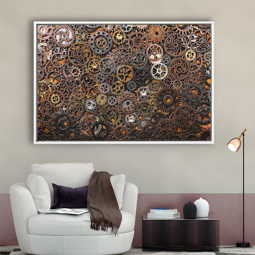 Ancient Mechanics Wall Art Set,Abstract Gears Framed Canvas Prints, Framed Cavas Print, Floating Frame