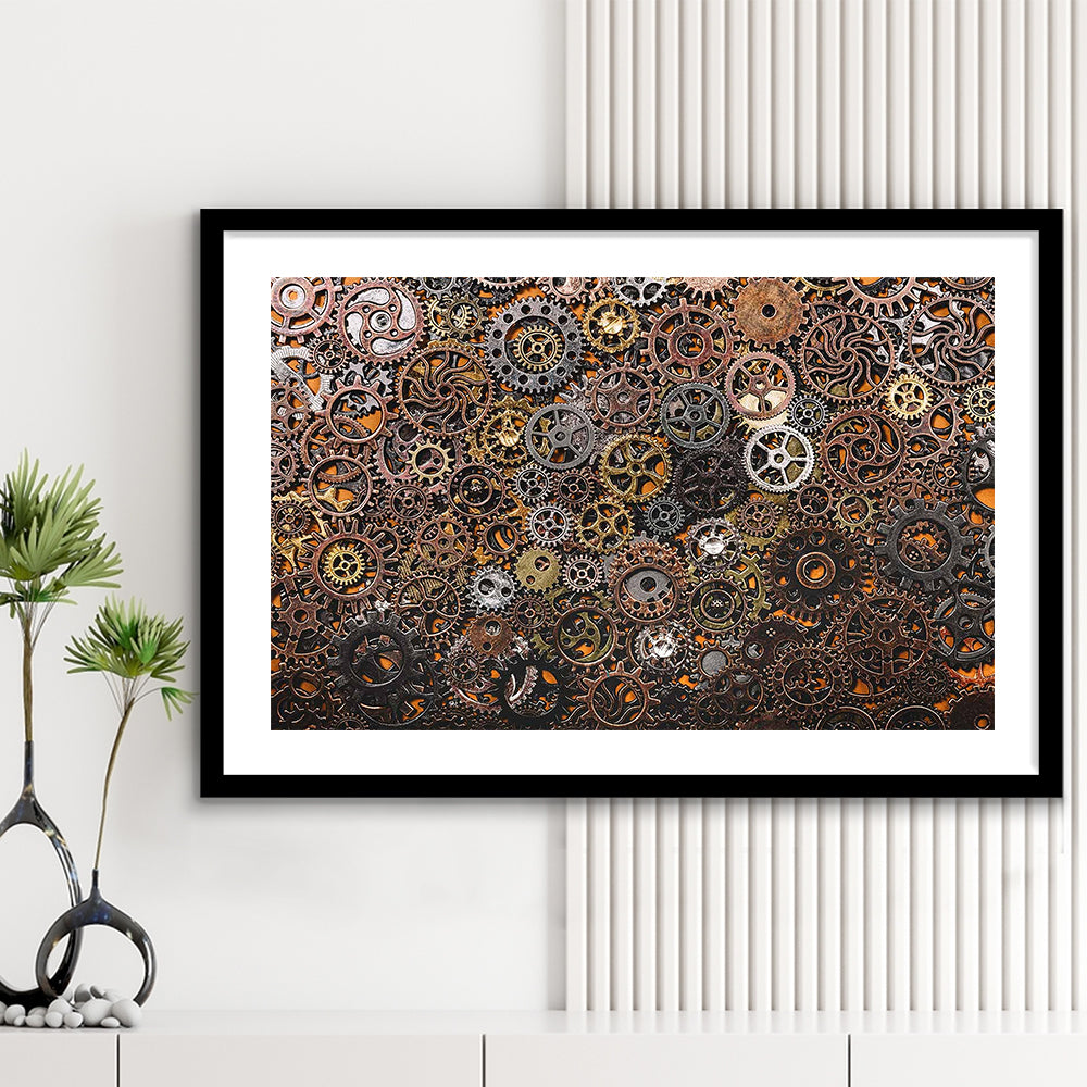 Ancient Mechanics Wall Art Set,Abstract Gears Framed Art Prints, Framed Art Print White Border