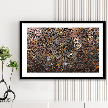 Ancient Mechanics Wall Art Set,Abstract Gears Framed Art Prints, Framed Art Print White Border