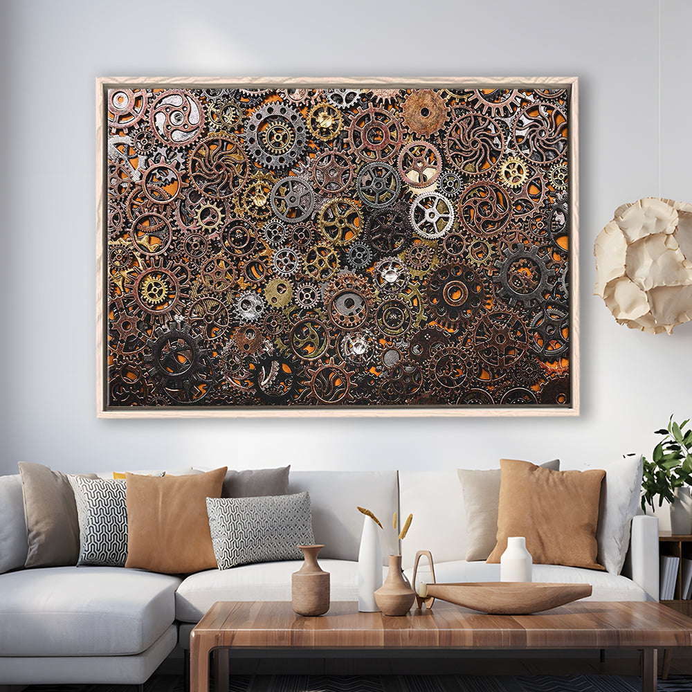 Ancient Mechanics Wall Art Set,Abstract Gears Framed Canvas Prints, Framed Cavas Print, Floating Frame