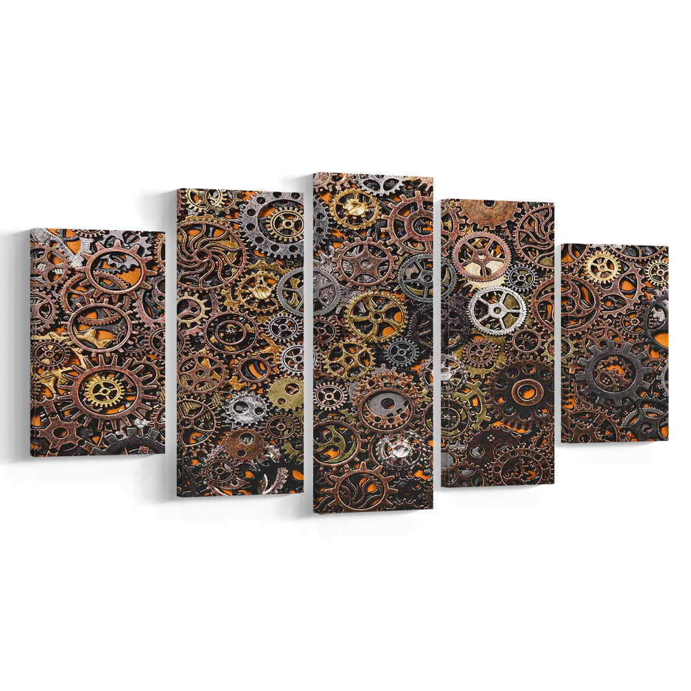 Ancient Mechanics Wall Art Set,Abstract Gears Framed Canvas Prints, 5 Piece Large Cavas Print Wall Art