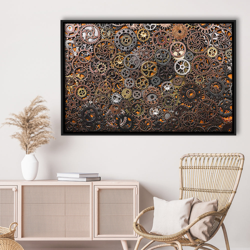 Ancient Mechanics Wall Art Set,Abstract Gears Framed Canvas Prints, Framed Cavas Print, Floating Frame