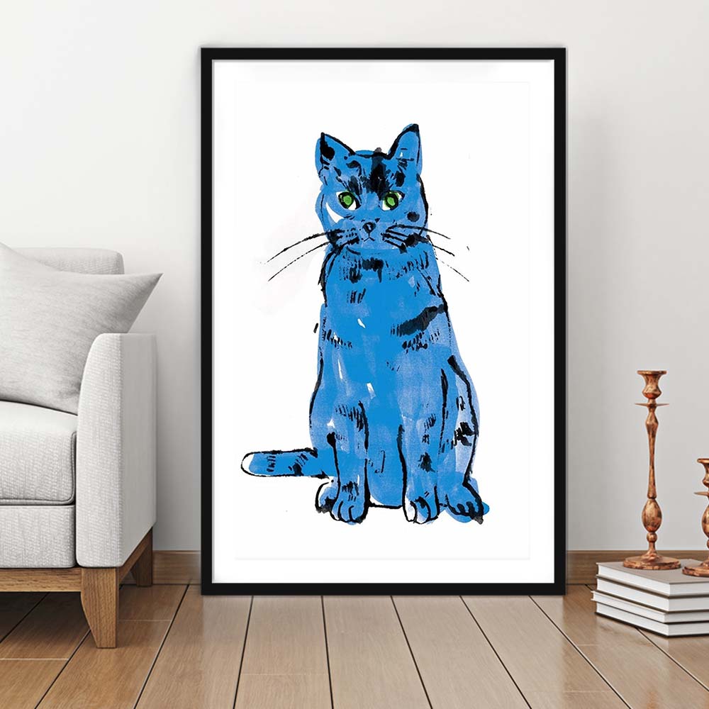 Andy Warhol Blue Cat Pop Art, Line Art Wall Decor, Cat Sam, Cat Print, Framed Art Print, White Border