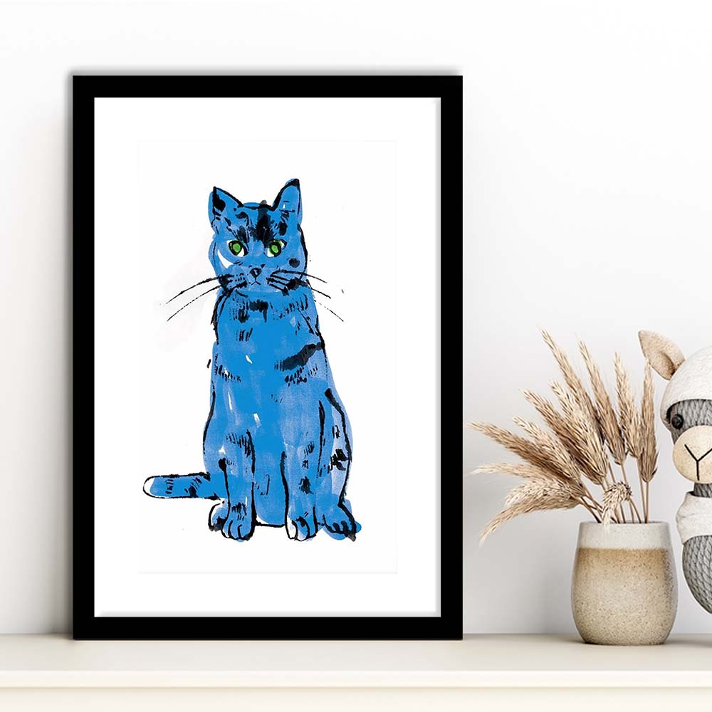 Andy Warhol Blue Cat Pop Art, Line Art Wall Decor, Cat Sam, Cat Print, Framed Art Print, White Border