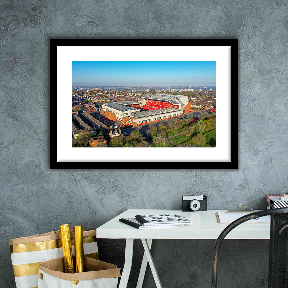 Anfield Liverpool Aerial View, Stadium Canvas, Sport Art, Gift for him, White Border Framed Art Print Wall Decor