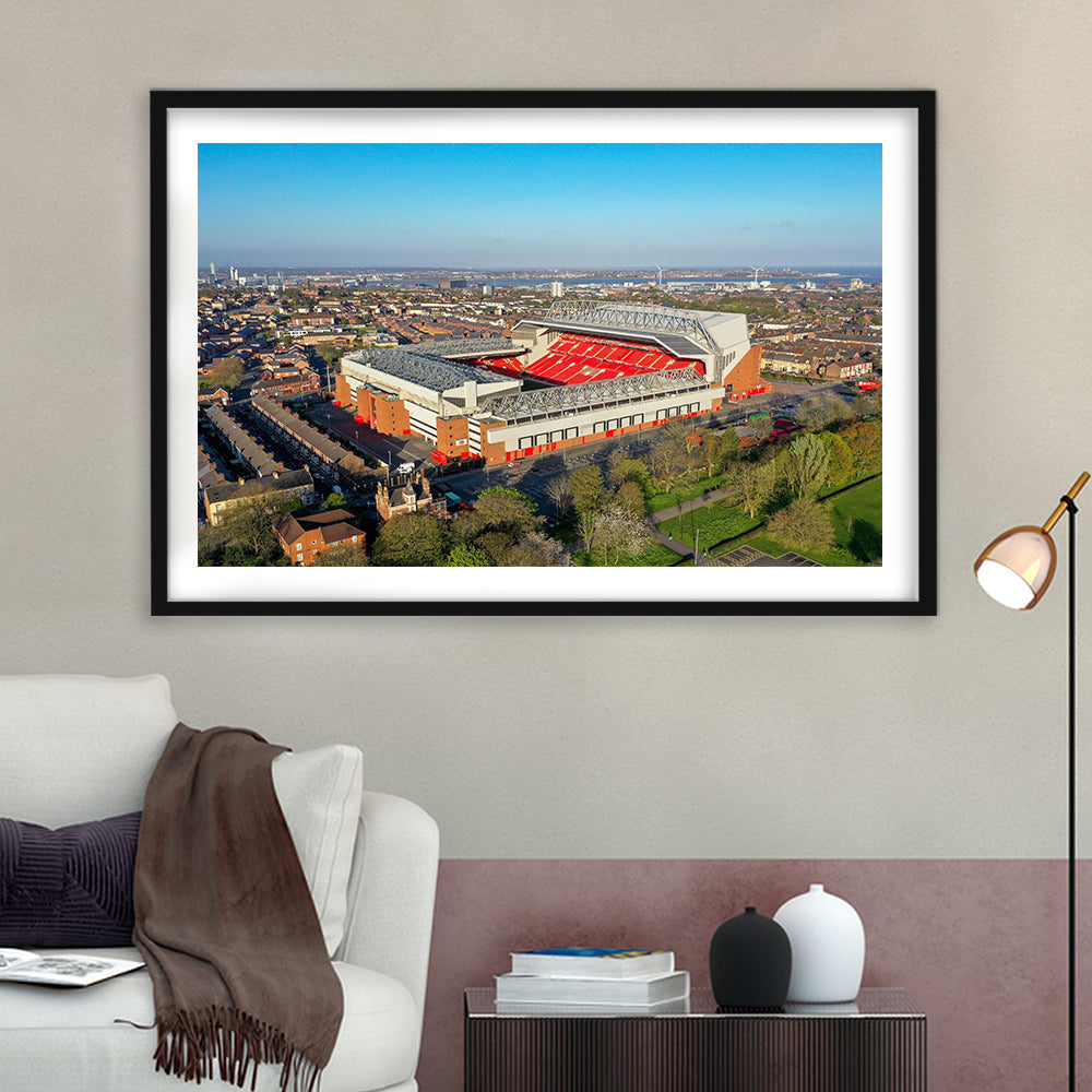Anfield Liverpool Aerial View, Stadium Canvas, Sport Art, Gift for him, White Border Framed Art Print Wall Decor