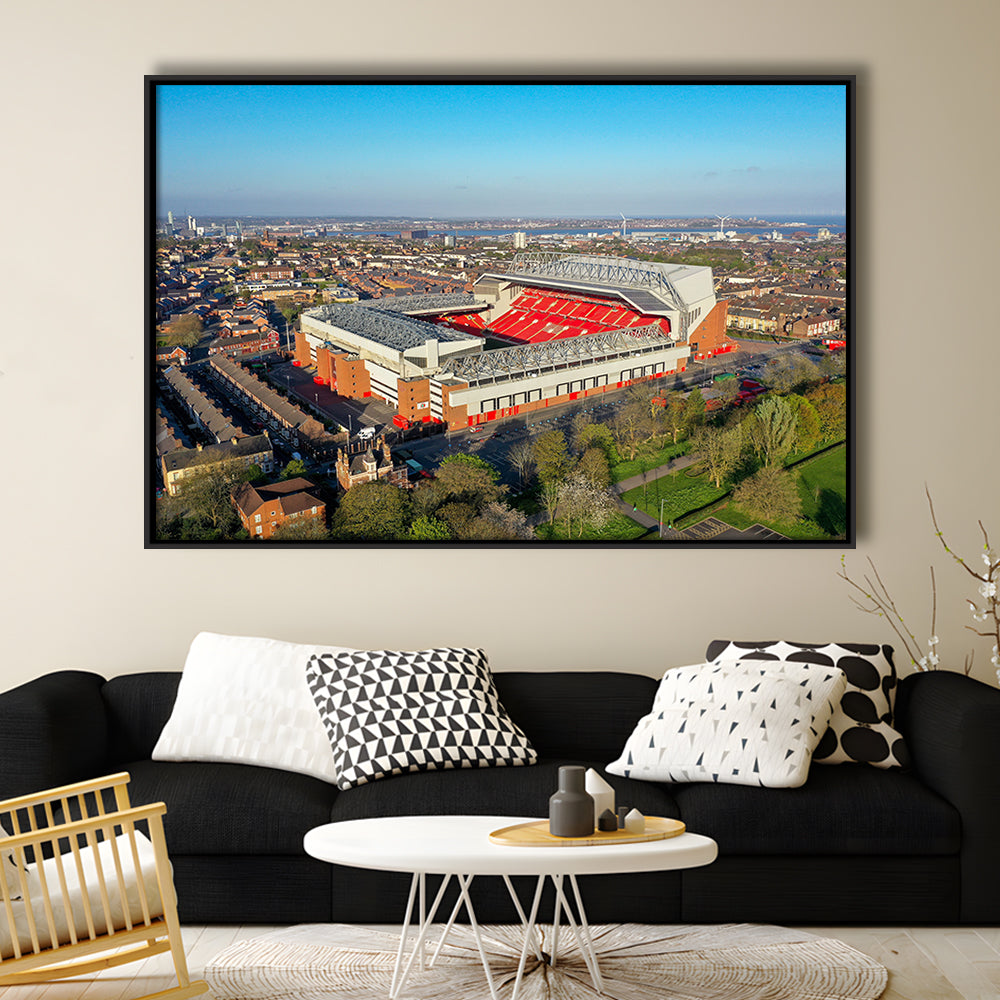 Anfield Liverpool Aerial View, Stadium Canvas, Sport Art, Framed Canvas Print Wall Art, Floating Frame