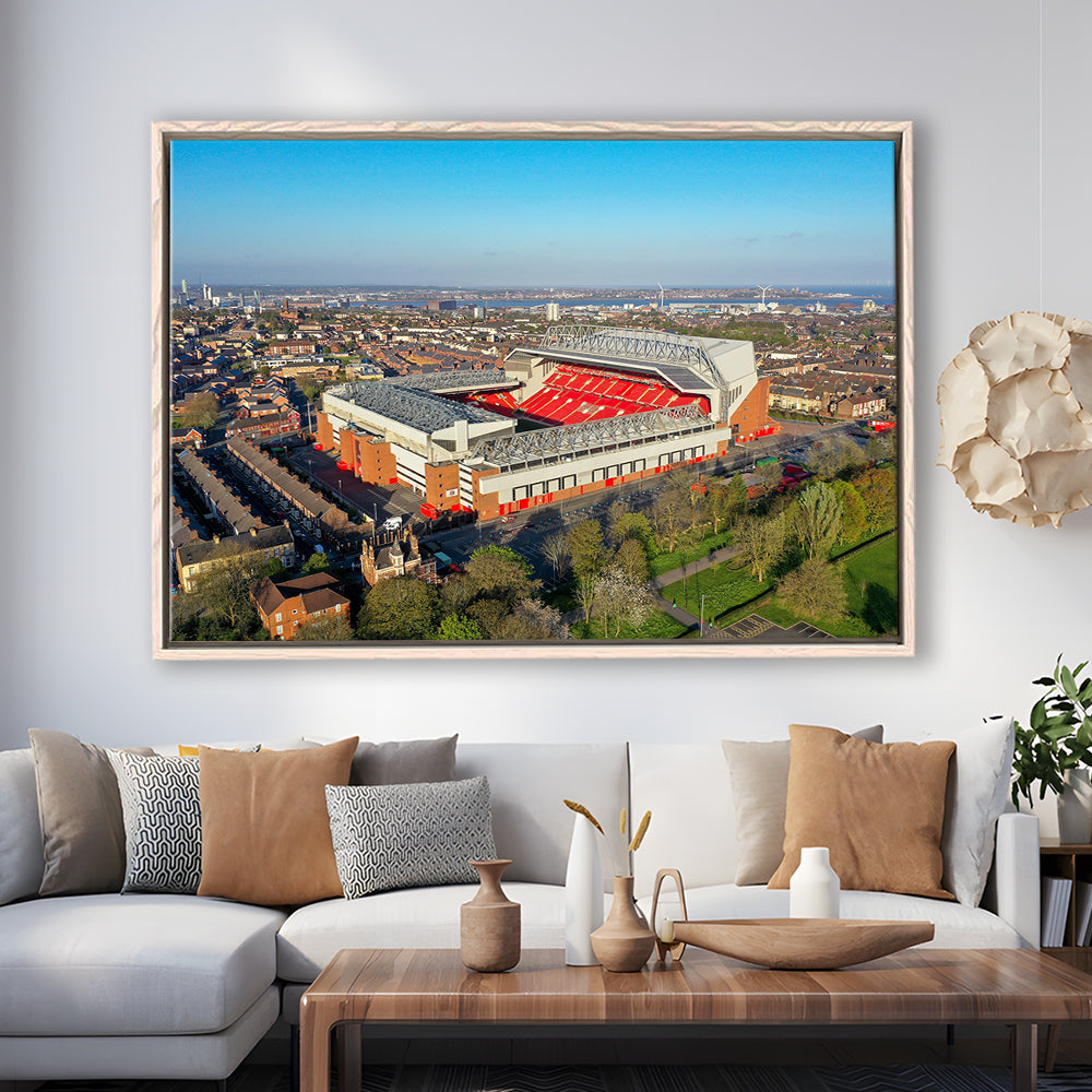 Anfield Liverpool Aerial View, Stadium Canvas, Sport Art, Framed Canvas Print Wall Art, Floating Frame