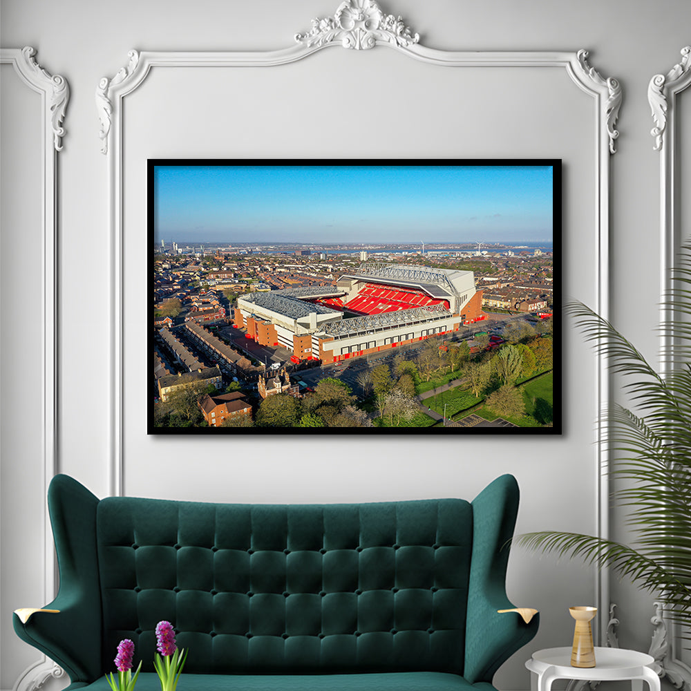Anfield Liverpool Aerial View, Stadium Canvas, Sport Art, Gift for him, Framed Art Print Wall Decor, Picture Framed