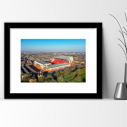 Anfield Liverpool Aerial View, Stadium Canvas, Sport Art, Gift for him, White Border Framed Art Print Wall Decor