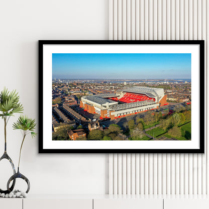 Anfield Liverpool Aerial View, Stadium Canvas, Sport Art, Gift for him, White Border Framed Art Print Wall Decor