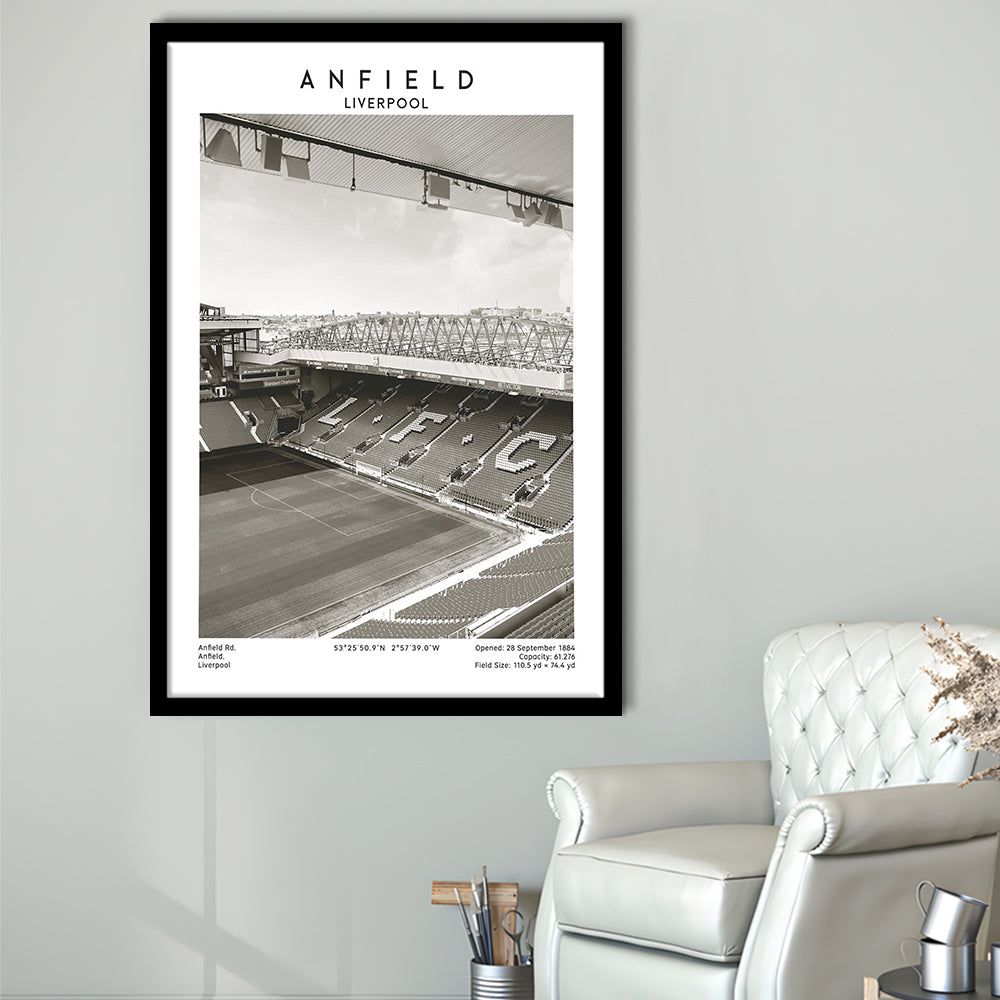 Anfield Stadium Black And White, Liverpool Stadium Football Wall Art, For Fans, Framed Art Prints Wall Decor