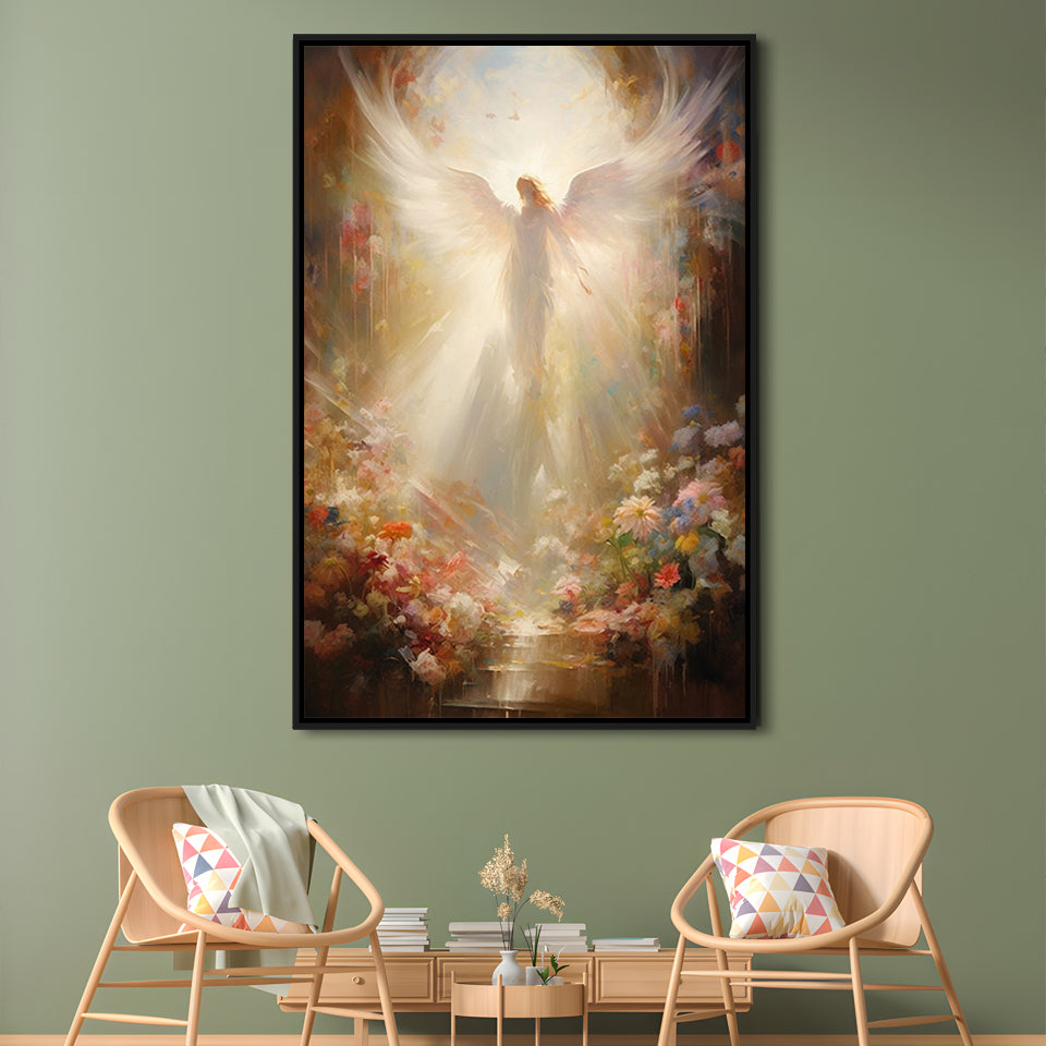 Angel Painting, Angel in Heaven With Heavenly Light, Framed Canvas Print Wall Art, Floating Frame