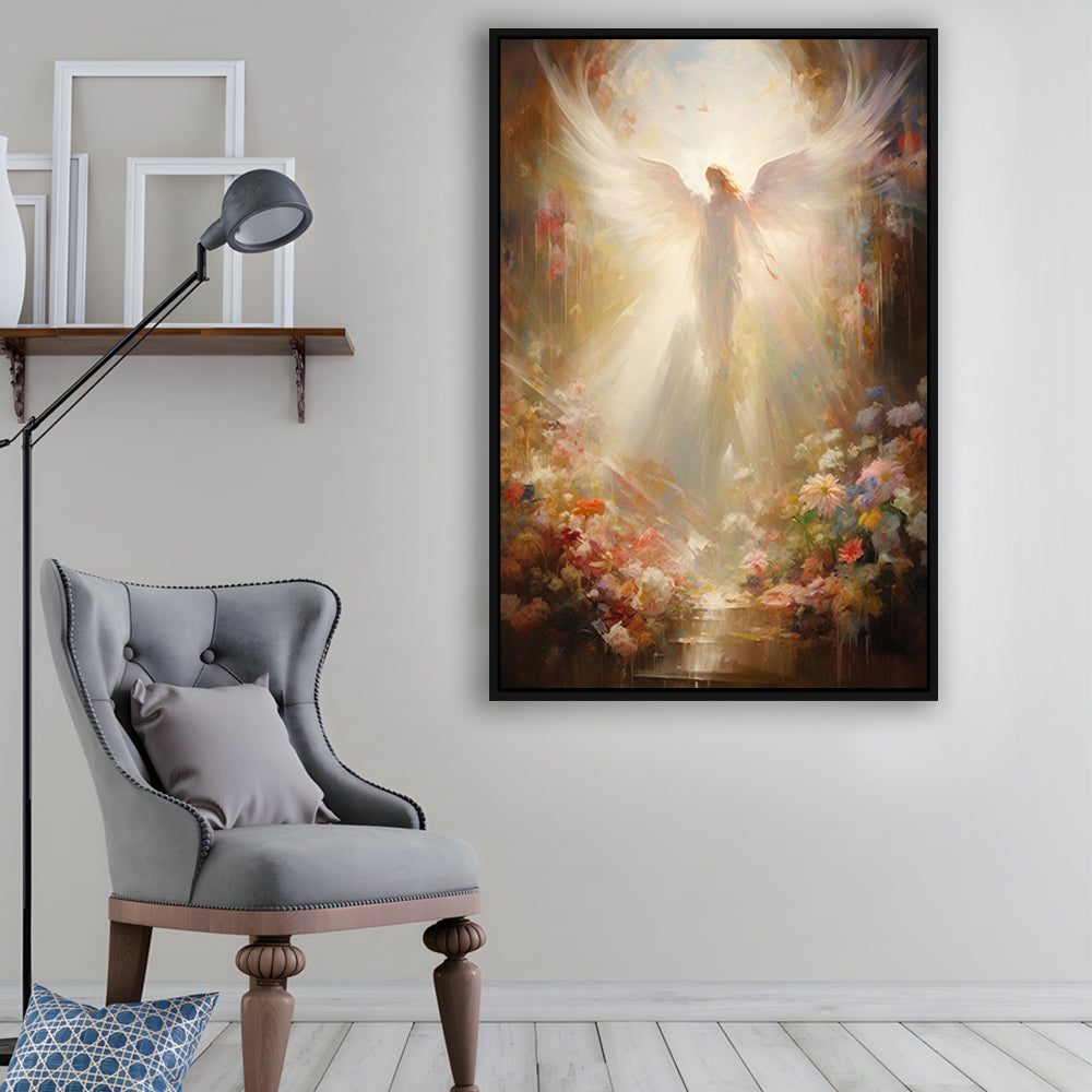 Angel Painting, Angel in Heaven With Heavenly Light, Framed Canvas Print Wall Art, Floating Frame