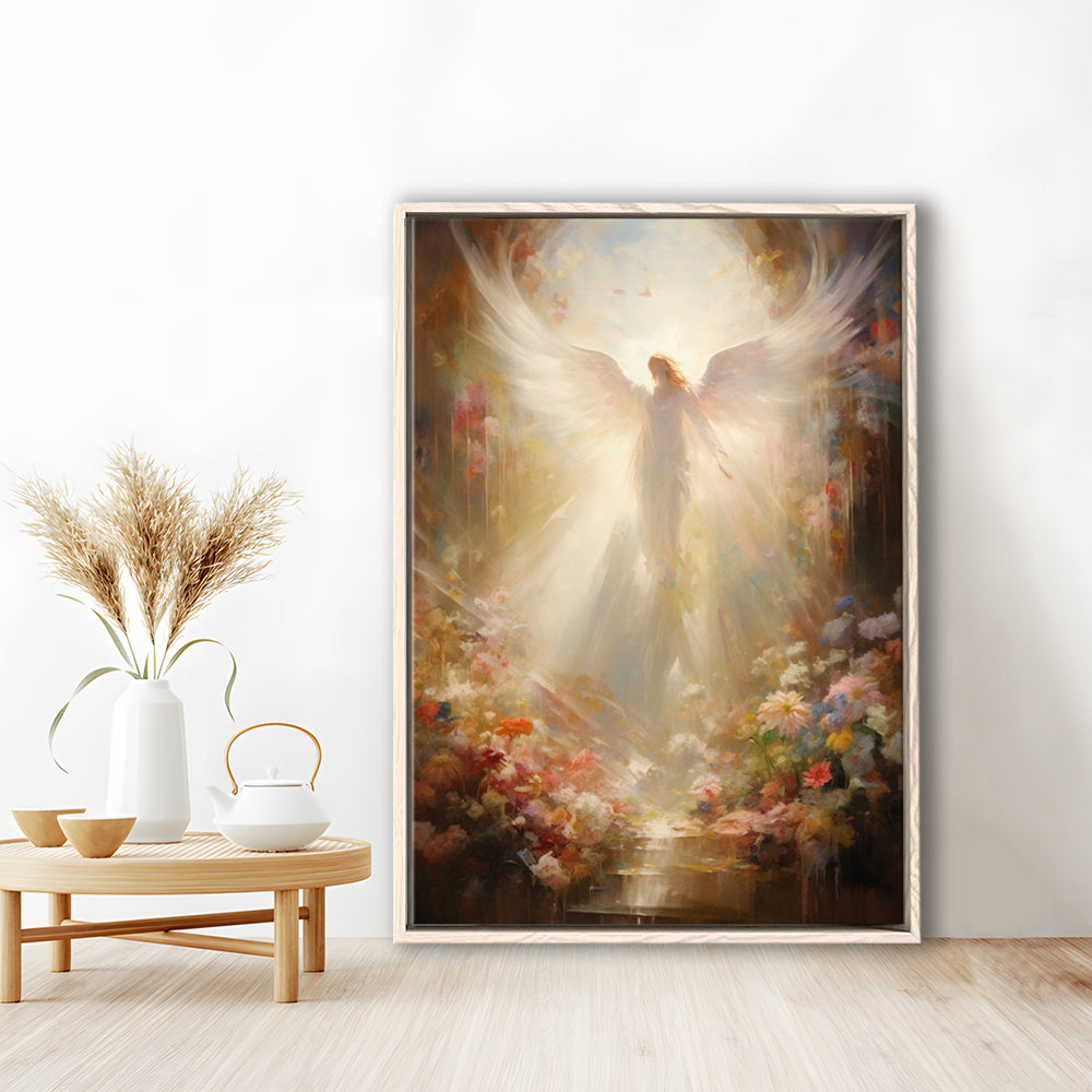 Angel Painting, Angel in Heaven With Heavenly Light, Framed Canvas Print Wall Art, Floating Frame