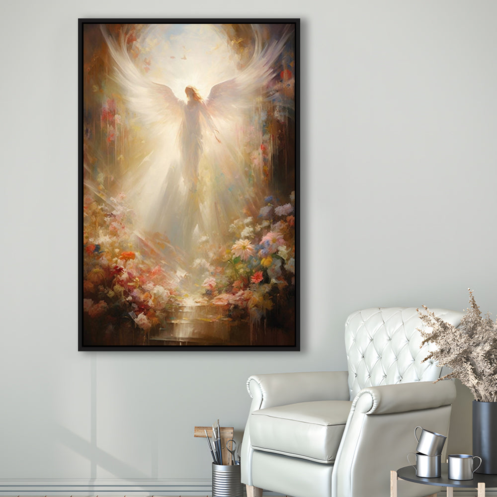 Angel Painting, Angel in Heaven With Heavenly Light, Framed Canvas Print Wall Art, Floating Frame