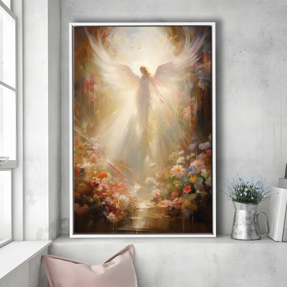 Angel Painting, Angel in Heaven With Heavenly Light, Framed Canvas Print Wall Art, Floating Frame